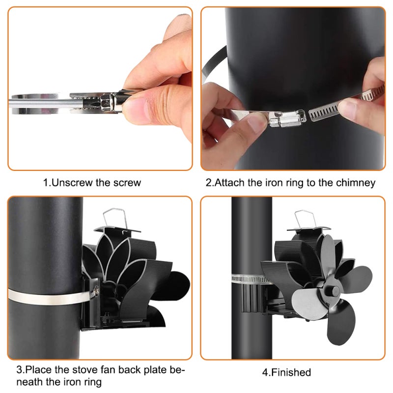 Heat Powered Stove Fan: Black 4-blade Design, ≤25dB Quiet Operation, Self-powered Energy-saving, With Thermometer - Easy Installation Pipe Fireplace Fan for Home Living Space - Image 2