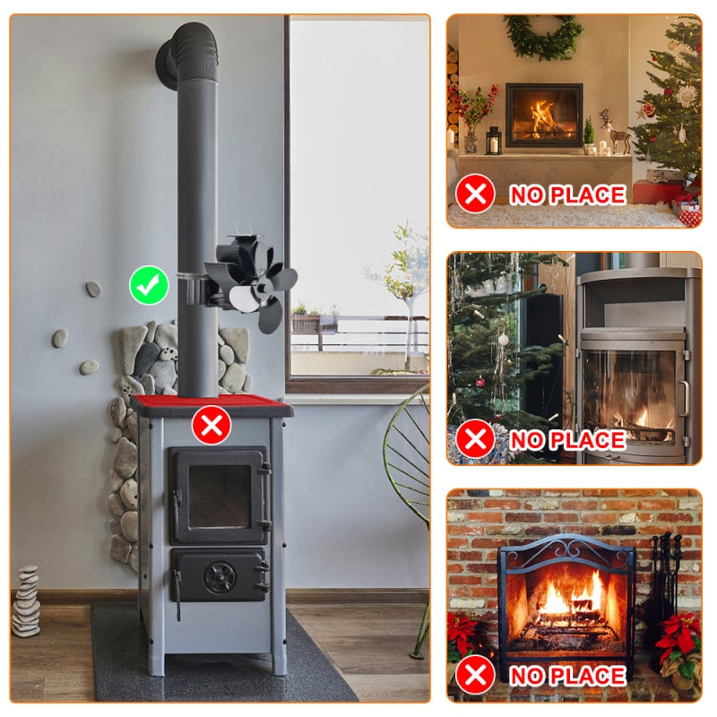 Heat Powered Stove Fan: Black 4-blade Design, ≤25dB Quiet Operation, Self-powered Energy-saving, With Thermometer - Easy Installation Pipe Fireplace Fan for Home Living Space - Image 5