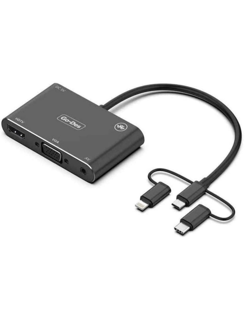 5-in-1 Mobile HD Screen Player Adapter GD-8762 – USB-C, Lightning, Micro USB to HDTV, VGA, AV Adapter for Seamless Screen Mirroring - Image 4