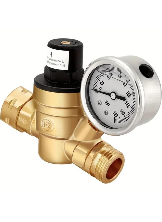1pc Brass RV Water Pressure Regulator With Gauge Adjustable For Campers Trailers - Image 1