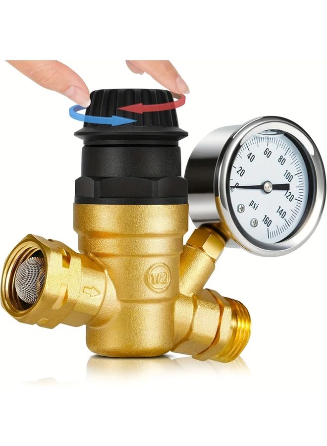 1pc Brass RV Water Pressure Regulator With Gauge Adjustable For Campers Trailers - Image 2