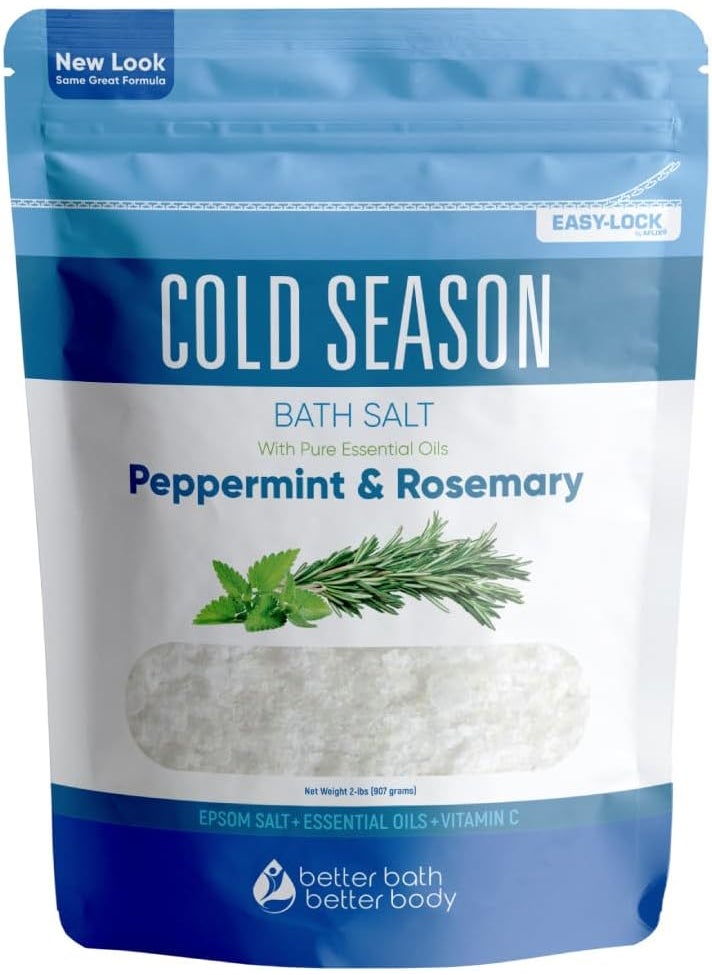 Better Bath Better Body Cold Season Bath Salt 32 Ounces 2 Lbs USP Grade Epsom Salt with Natural Rosemary and Peppermint Pure Essential Oils Plus Vitamin C in BPA Free Pouch with Easy Press Lock Seal Made in USA 