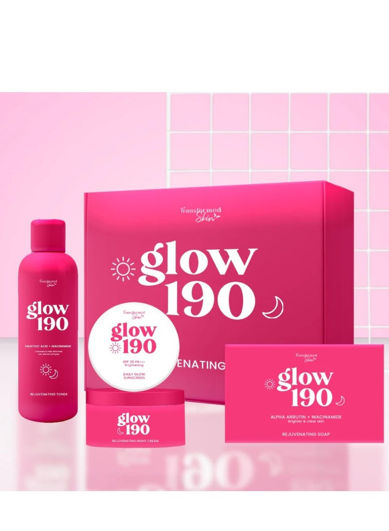 الجلد المتحول مجموعة العناية الكاملة بالبشرة HonestGlow Glow 190 | ألفا أربوتين + نياسيناميد | صابون مجدد، كريم نهاري مع عامل حماية من الشمس (SPF)، كريم ليلي مع خلاصة الصبار وفيتامين E، وتونر | يرطب ويحمي ويصلح البشرة - Image 1