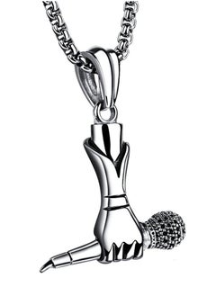 MARIO DRAFTS Stainless Steel Microphone Hand Pendant Necklace, Music Theme Chain for Men, Silver  - Image 1