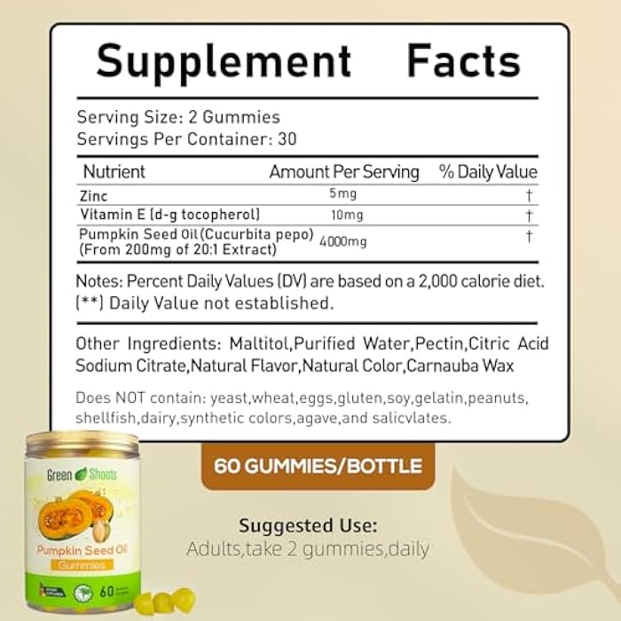 Greenshoots Pumpkin Seed Oil Gummies for Adults, with Zinc & Vitamin E, Pectin-Based Chewable Supplement, Natural Flavor, 60 Gummies - Image 2