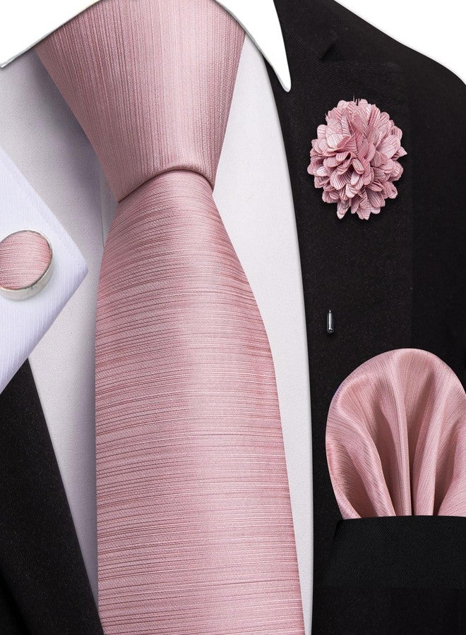 Dubulle Mens Rose Gold Tie and Lapel Pin Solid Blush Pink Necktie Set for Men Pocket Square Cufflinks Wedding Party - Image 2