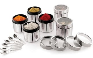 STEEPLE Steel Utility Container Storage Cotainer Masala Container For Kitchen Jars And Containers Set See Through Lid With 6 Pcs Spoons 190 Ml Each Pack Of 6 Silver BlueViolet - pzsku/Z36439970248E142A05F3Z/45/1748264964/93ca3602-4bf1-47db-94f5-2ff5c311785f