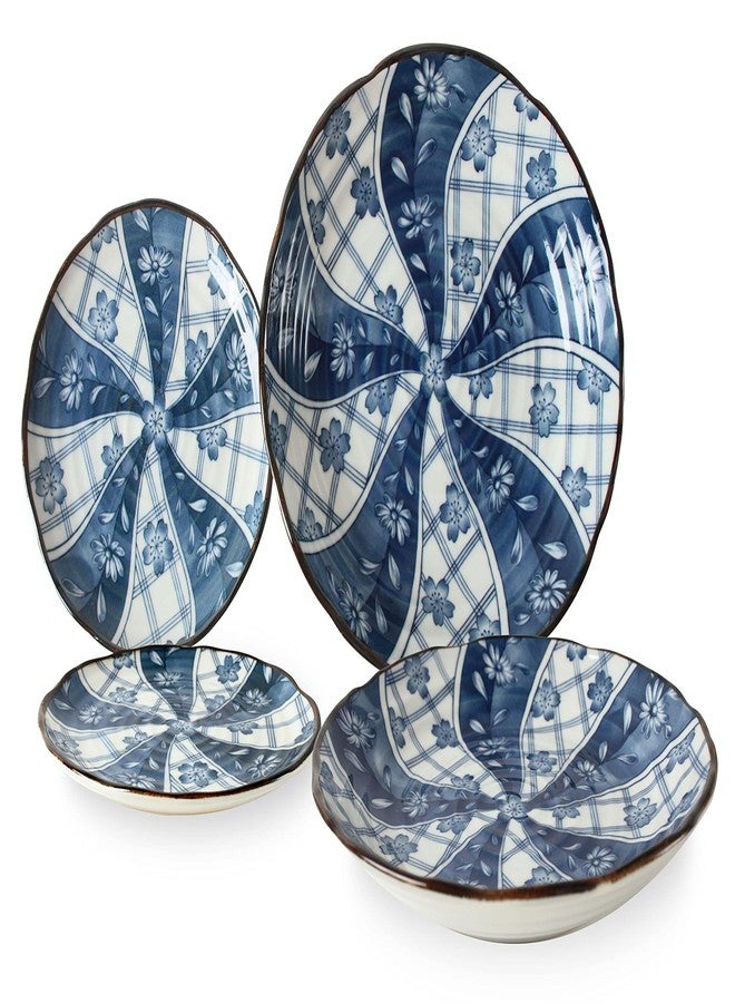 Minoribo Mino Ware Japanese Ceramics 2 Pasta Plate & 2 Salad/Appetizer Plate Made in Japan (Japan Import) TNG002 (Spiral Flowers) - Image 1