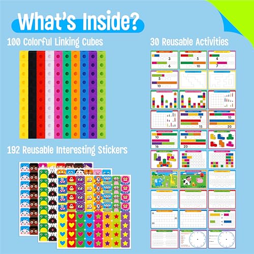 SpriteGru Math Linking Cubes 100 Math Cube Manipulatives with 30 Learning Activities Plus 192 Reusable Stickers Number Counting Blocks Snap Linking Math Counters Fun Educational PreK Counting Blocks - Image 5