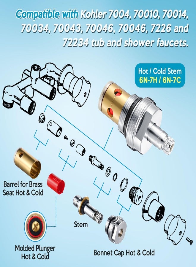 Enhon Hot and Cold Stem Compatible with 6N-7H and 6N-7C, Stem with Bonnet & Cap Compatible with Kohler Tub and Shower Faucets, for 2 Handle Faucets, Brass and Chrome, Set of 2 - Image 4