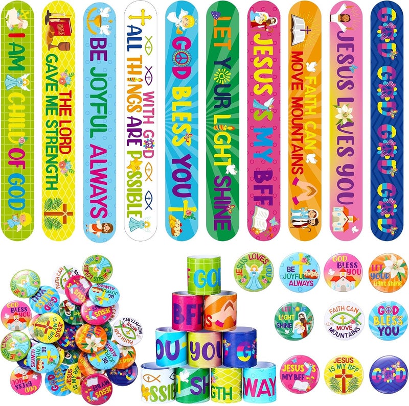 Frienda 60 Pcs Religious Gifts Christian Slap Bracelets with Badges for Kids - Image 1