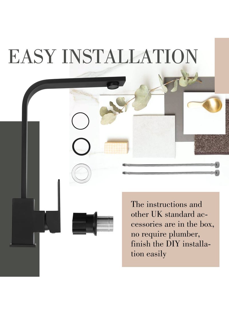 Monda Sink Water Faucet, Water-Tap Faucet Black Square Brass Kitchen Faucet Single Lever 360 Degrees Rotation Mixer Tap Basin Water Crane Tap for Kitchen Bathroom Tap  - Image 4