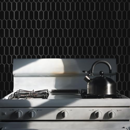 WalDecoo Peel and Stick Tile for Kitchen Thicker Design 3D Self Adhesive Long Hexagon Wall Tile Backsplash Black 10Sheet 12x12 Stick on Tiles Peel and Stick Wall Tiles for Kitchen - Image 3