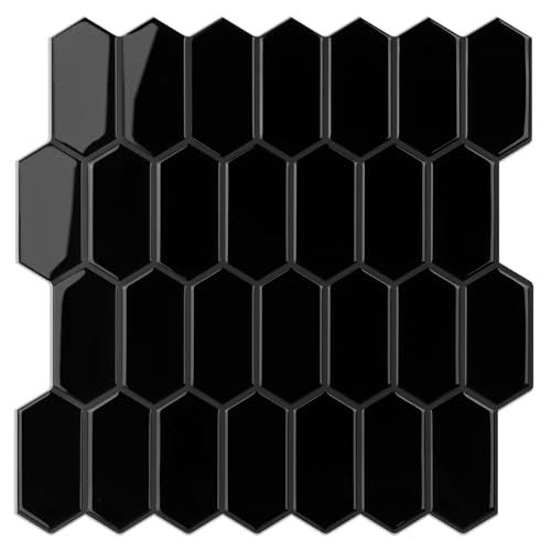 WalDecoo Peel and Stick Tile for Kitchen Thicker Design 3D Self Adhesive Long Hexagon Wall Tile Backsplash Black 10Sheet 12x12 Stick on Tiles Peel and Stick Wall Tiles for Kitchen - Image 1