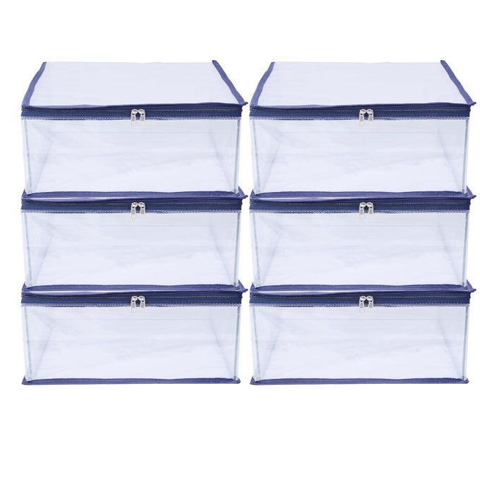 SAREE COVER STORAGE BAG BIG FOR CLOTHES WITH ZIP ORGANIZER FOR WARDROBE TRANSPARENT LARGE DESIGN BOXES PACK OF 6 DARK BLUE FABRIC