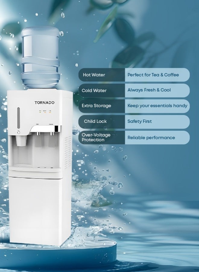 TORNADO Top Loading Water Dispenser with Bottom Cabinet & Cup Holder, Hot & Cold 2 Taps, Stainless Steel Tank, Child Safety Lock, Overheat Protection, Freestanding, White - TWD-L3CHE-W - 1-Year Free Warranty - Image 2