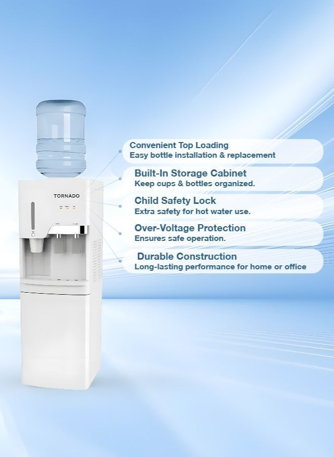TORNADO Top Loading Water Dispenser with Bottom Cabinet & Cup Holder, Hot & Cold 2 Taps, Stainless Steel Tank, Child Safety Lock, Overheat Protection, Freestanding, White - TWD-L3CHE-W - 1-Year Free Warranty - Image 3