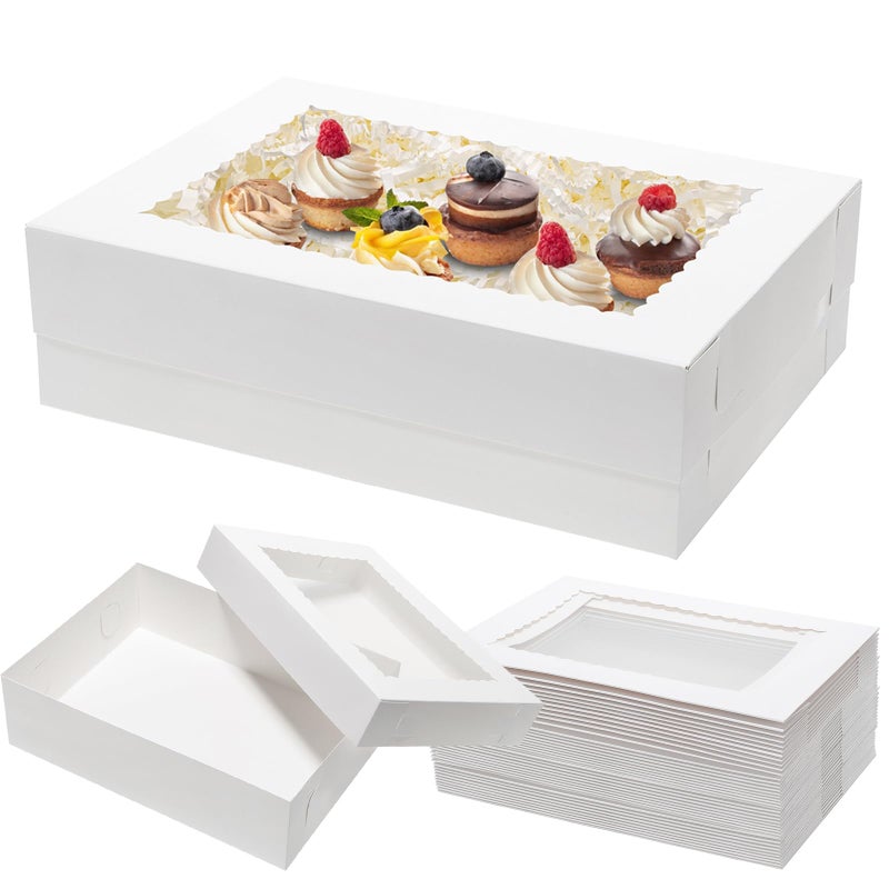 Mefleet 25pcs 14x10x4 Rectangle Cake Boxes with Window - Quarter Sheet Bakery Boxes for Donuts, Cookies, Cupcakes, Pastry Baking Pie Treat Packaging White Large - Image 1