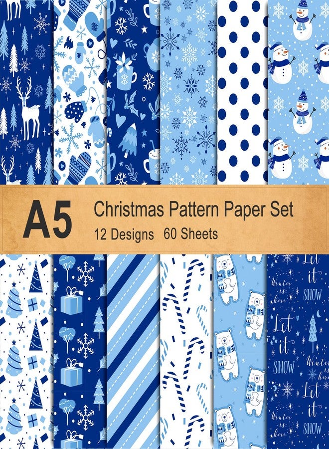 Whaline 60Sheets Snowflake Pattern Paper A5 Size 12 Designs Double-Sided Winter Snowman Bear Glossy Pattern Paper White Blue Christmas Decoration Craft Paper Folded Flat for Card Making Scrapbook - Image 1