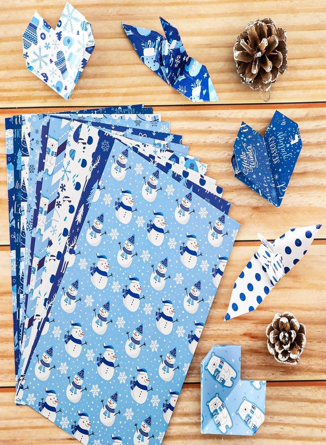 Whaline 60Sheets Snowflake Pattern Paper A5 Size 12 Designs Double-Sided Winter Snowman Bear Glossy Pattern Paper White Blue Christmas Decoration Craft Paper Folded Flat for Card Making Scrapbook - Image 4