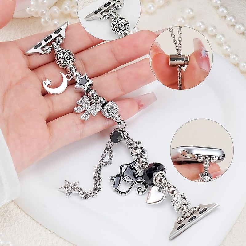 Silvery Black Beaded Bracelet For Apple Watch Bands 42 44 45 46 49mm - Image 1