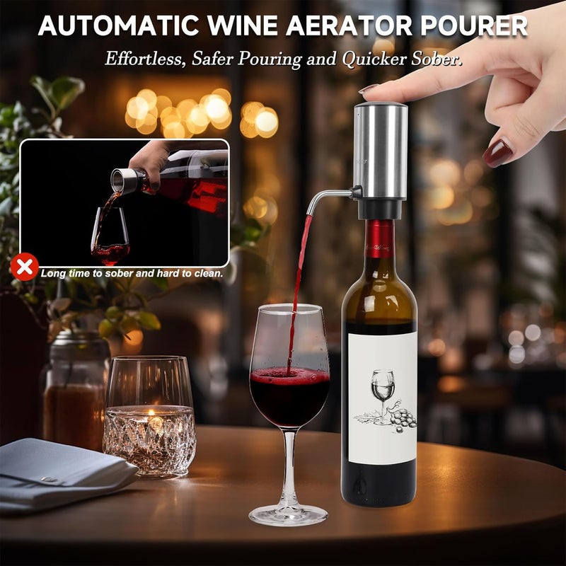 Moocoo Electric Wine Opener Gift Set, Automatic Electric Wine Bottle Corkscrew Opener Rechargeable with Foil Cutter, Automatic Aerator, 2 Vacuum Stoppers for Home Bar Outdoor Parties, Stainless Steel - Image 4