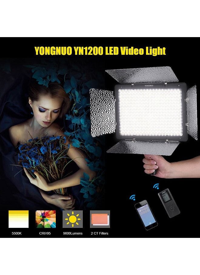 YONGNUO YN1200 Pro LED Video Light 5500K/5600K Photography and Video Recording Fill Light w/ 2Pcs CT Filters & Remote Controller Adjustable Brightness CRI≥95 Support APP Remote Control Studio Lighting