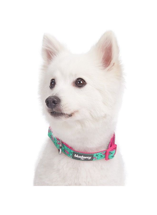 Blueberry Pet Essentials 10 Patterns Pink Flamingo on Light Emerald Adjustable Dog Collar, Small, Neck 12"-16" 