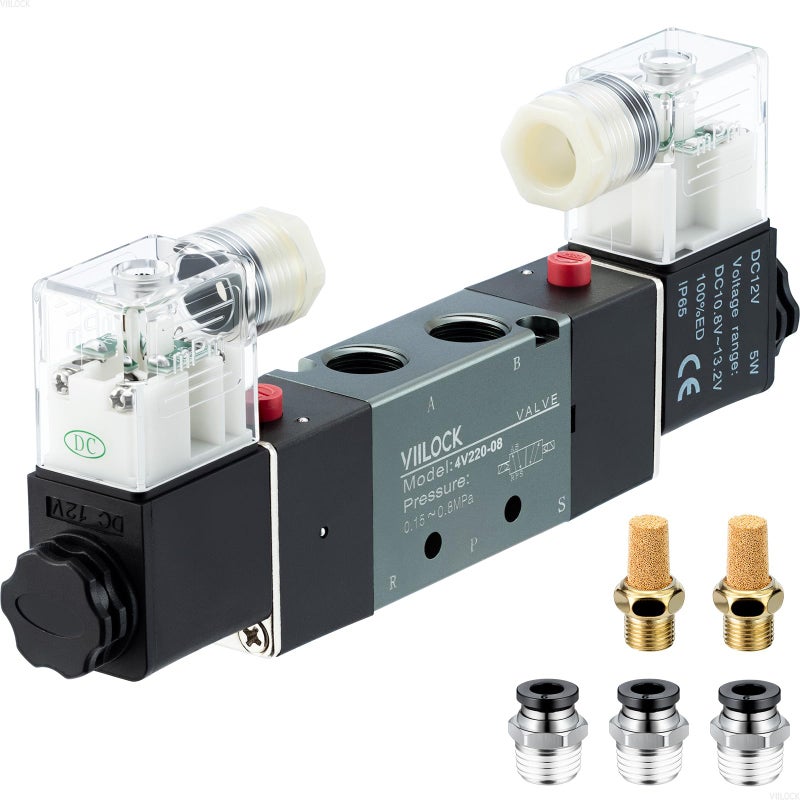 VIILOCK Pneumatic Solenoid Valve 5 Way 2 Position 14NPT Double Solenoid Internally Piloted Electric Air Control Valve 4V22008 DC12V