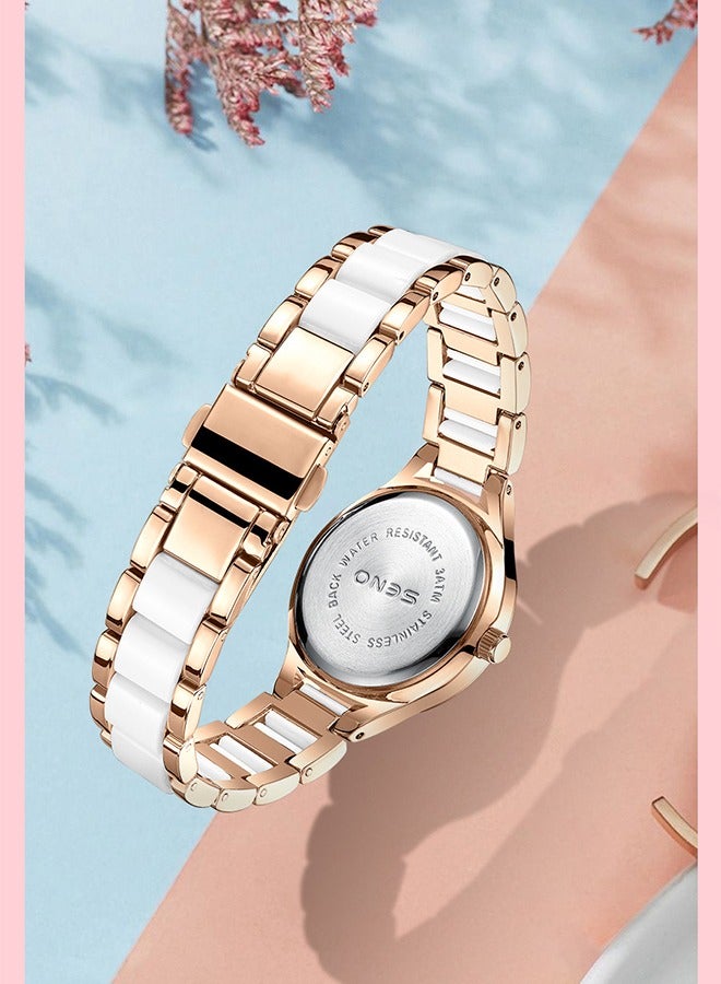 سينو ساعة نسائية مصنوعة من السيراميك، مرصعة بماسات وتحتوي على عداد كوارتز مقاوم للماء، ملونة بلون الذهبي الوردي والأبيض السيراميكي. - Image 4