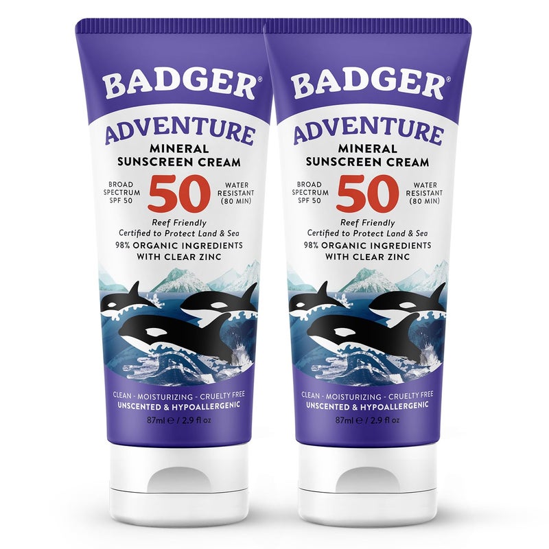 Badger Biodegradable Reef Safe Sunscreen, SPF 50 Unscented Zinc Oxide Sunscreen, 98% Organic Sunscreen Ingredients, Water Resistant Adventure Sport Sunblock, 2.9 fl oz, 2-Pack