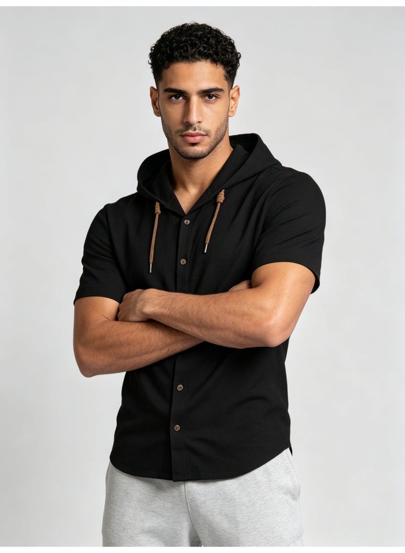 زارا ZARA Men’s Black Short Sleeve Hooded Button Front Shirt - Image 3