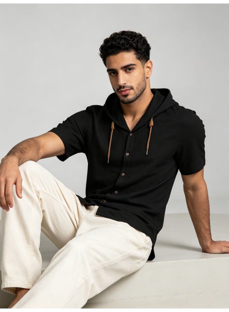 زارا ZARA Men’s Black Short Sleeve Hooded Button Front Shirt - Image 1