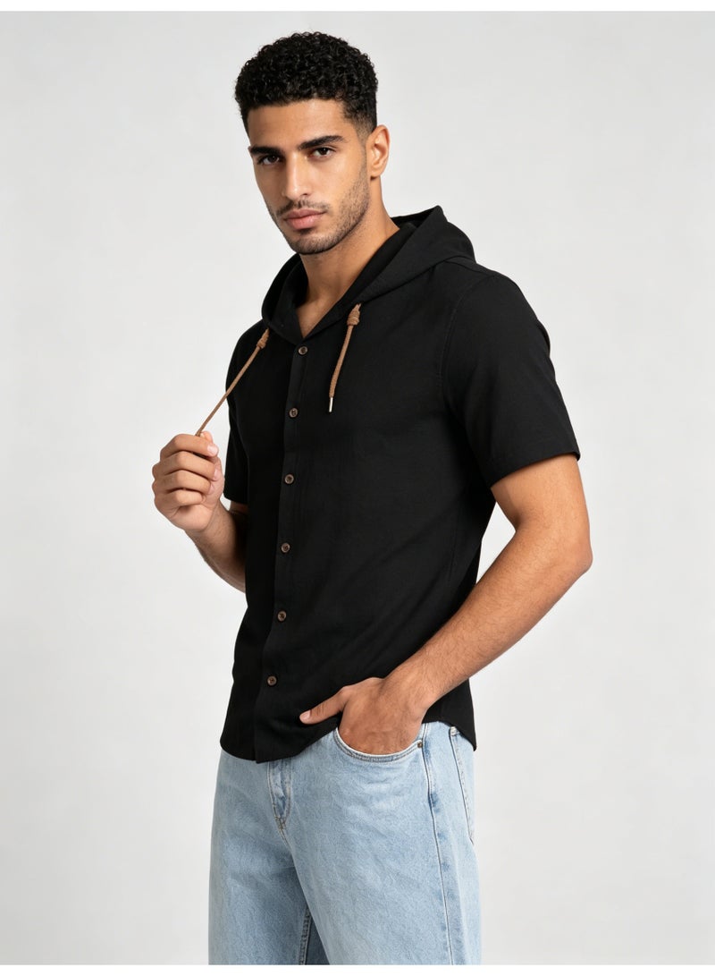 زارا ZARA Men’s Black Short Sleeve Hooded Button Front Shirt - Image 5