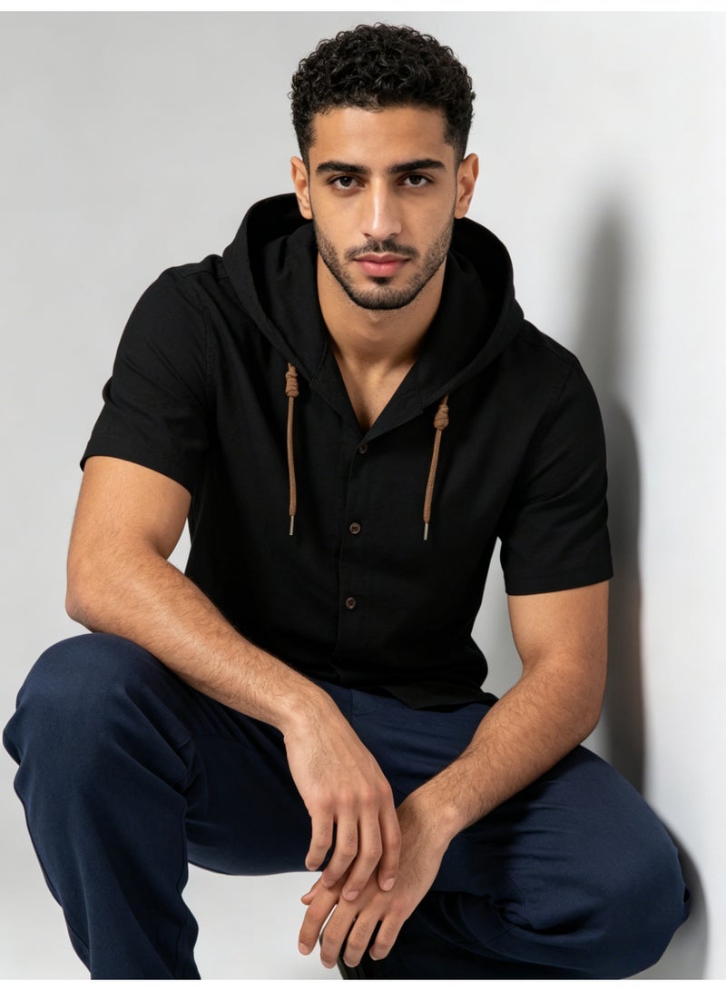 زارا ZARA Men’s Black Short Sleeve Hooded Button Front Shirt - Image 2