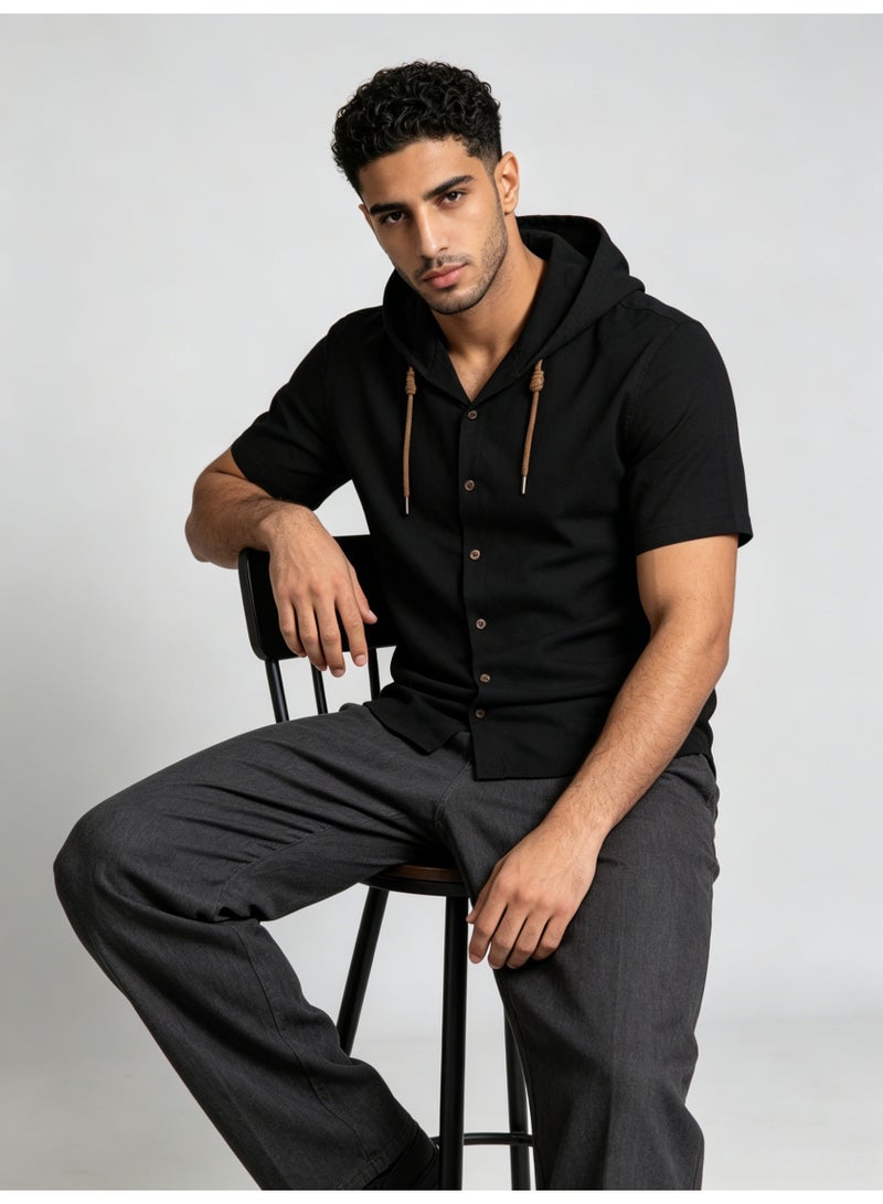زارا ZARA Men’s Black Short Sleeve Hooded Button Front Shirt - Image 4