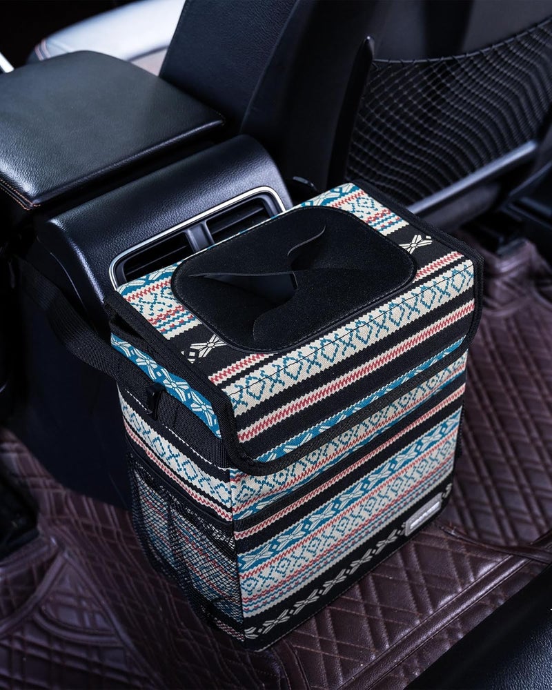 SIBOFUEGO Car Trash Bin - Leak-Proof Trash Can with Lid and Storage Pockets, Beige Aztec Motif - Image 4