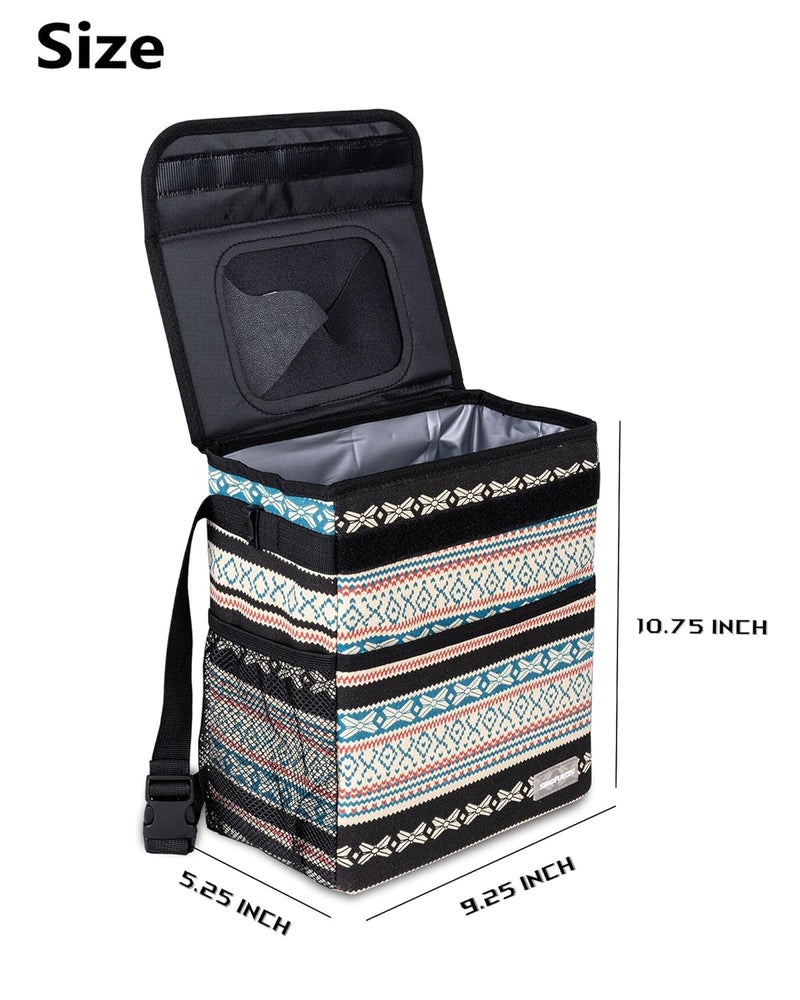 SIBOFUEGO Car Trash Bin - Leak-Proof Trash Can with Lid and Storage Pockets, Beige Aztec Motif - Image 2