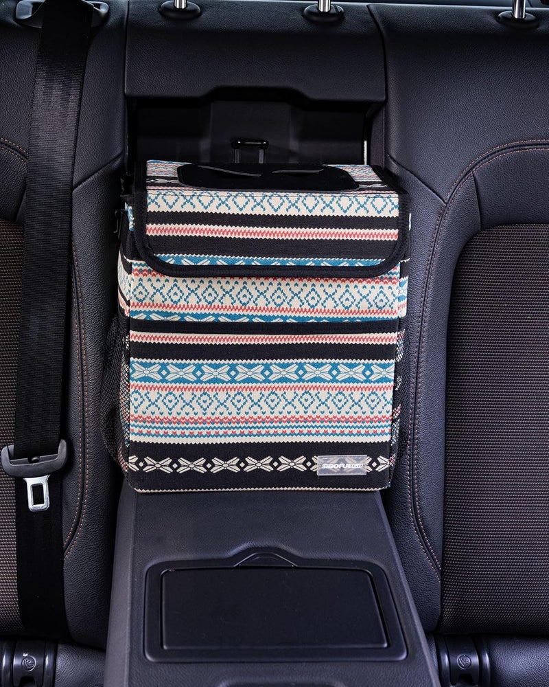 SIBOFUEGO Car Trash Bin - Leak-Proof Trash Can with Lid and Storage Pockets, Beige Aztec Motif - Image 5