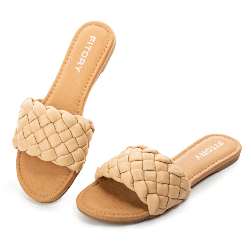 FITORY Womens Flat Sandals Fashion Round Open Toe Slip On Slides with Braided Strap Slippers for Summer Size 9 Apricot - Image 1