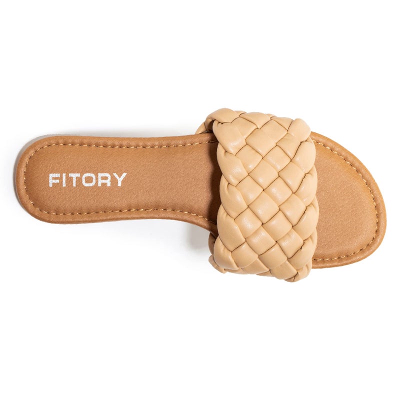 FITORY Womens Flat Sandals Fashion Round Open Toe Slip On Slides with Braided Strap Slippers for Summer Size 9 Apricot - Image 3
