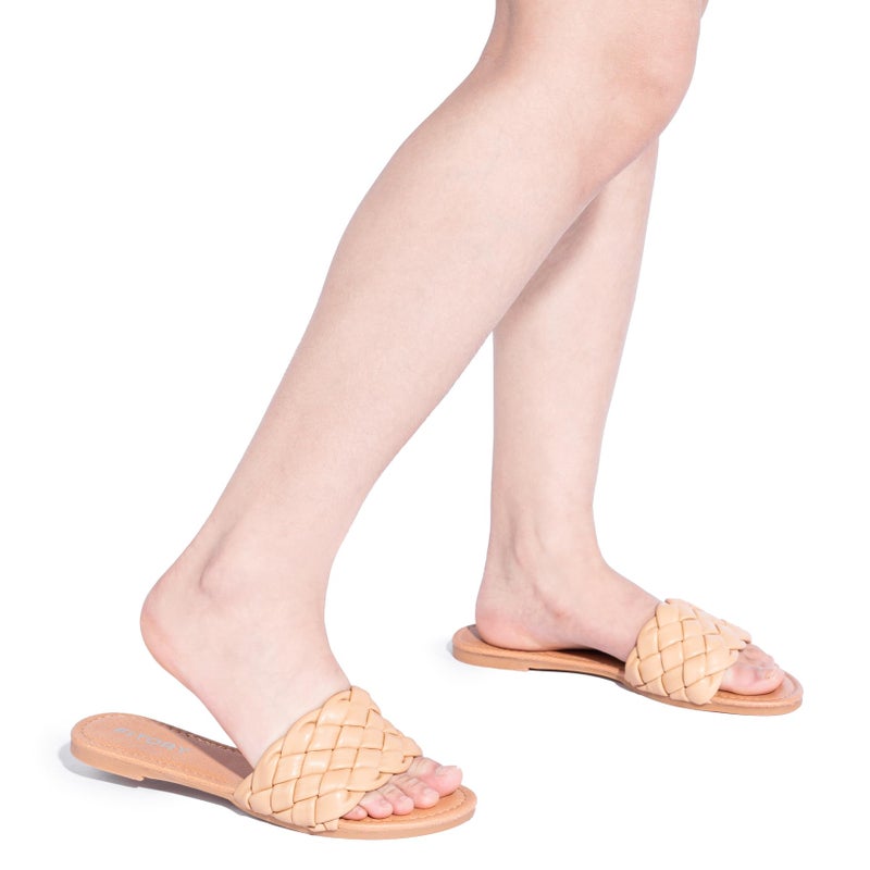FITORY Womens Flat Sandals Fashion Round Open Toe Slip On Slides with Braided Strap Slippers for Summer Size 9 Apricot - Image 2