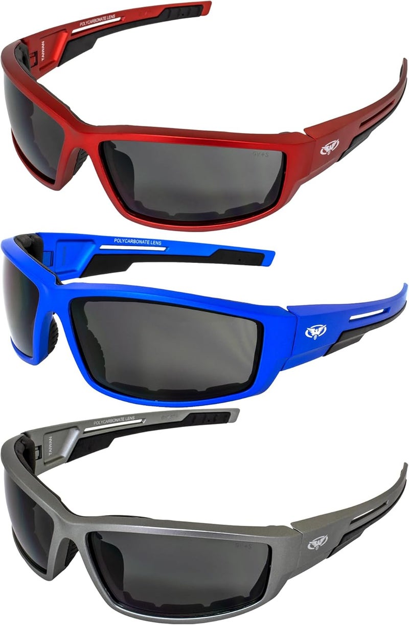 Global Vision نظارات ركوب موتوسيكل ATV padded من Global Vision 3 أزواج مع عدسات مدخنة - إطارات حمراء وزرقاء ورمادية - Image 1