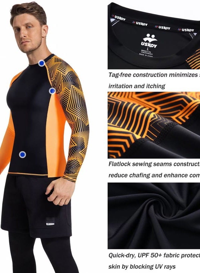 USKOY Men's Rash Guard Long Sleeve Sun Protection UV SPF UPF 50+ Fishing Shirts Lightweight Quick Dry Swim Shirts Nylon Black Orange Large - Image 3