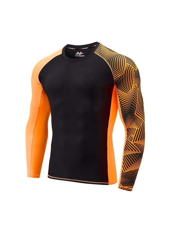 USKOY Men's Rash Guard Long Sleeve Sun Protection UV SPF UPF 50+ Fishing Shirts Lightweight Quick Dry Swim Shirts Nylon Black Orange Large - Image 1