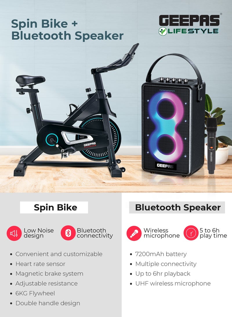 GEEPAS Home fitness workout kit, Spin bike with Bluetooth connectivity + RGB Bluetooth speaker with wireless microphone - Image 2