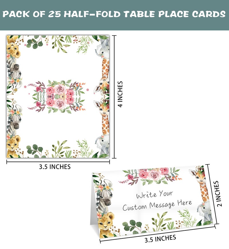 Gihyan Table Place Card for Baby Shower, 25 Pcs Tent Cards Set with Floral Design, Editable Name Cards for Table Seating, Wild Animal Birthday Party Food Lables, Safari Jungle Baby Shower Decorations(13) - Image 2