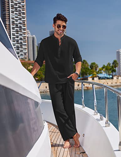 COOFANDY Mens 2 Pieces Cotton Linen Set Long Sleeve Henley Shirts Casual Beach Pants With Pockets Summer Yoga Outfits - Image 3