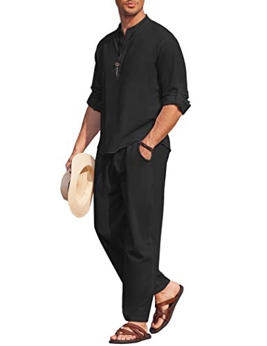 COOFANDY Mens 2 Pieces Cotton Linen Set Long Sleeve Henley Shirts Casual Beach Pants With Pockets Summer Yoga Outfits - Image 1