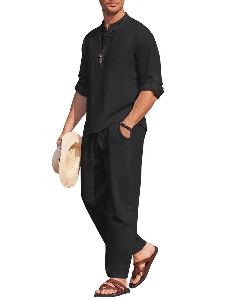 COOFANDY Mens 2 Pieces Cotton Linen Set Long Sleeve Henley Shirts Casual Beach Pants With Pockets Summer Yoga Outfits - Image 2